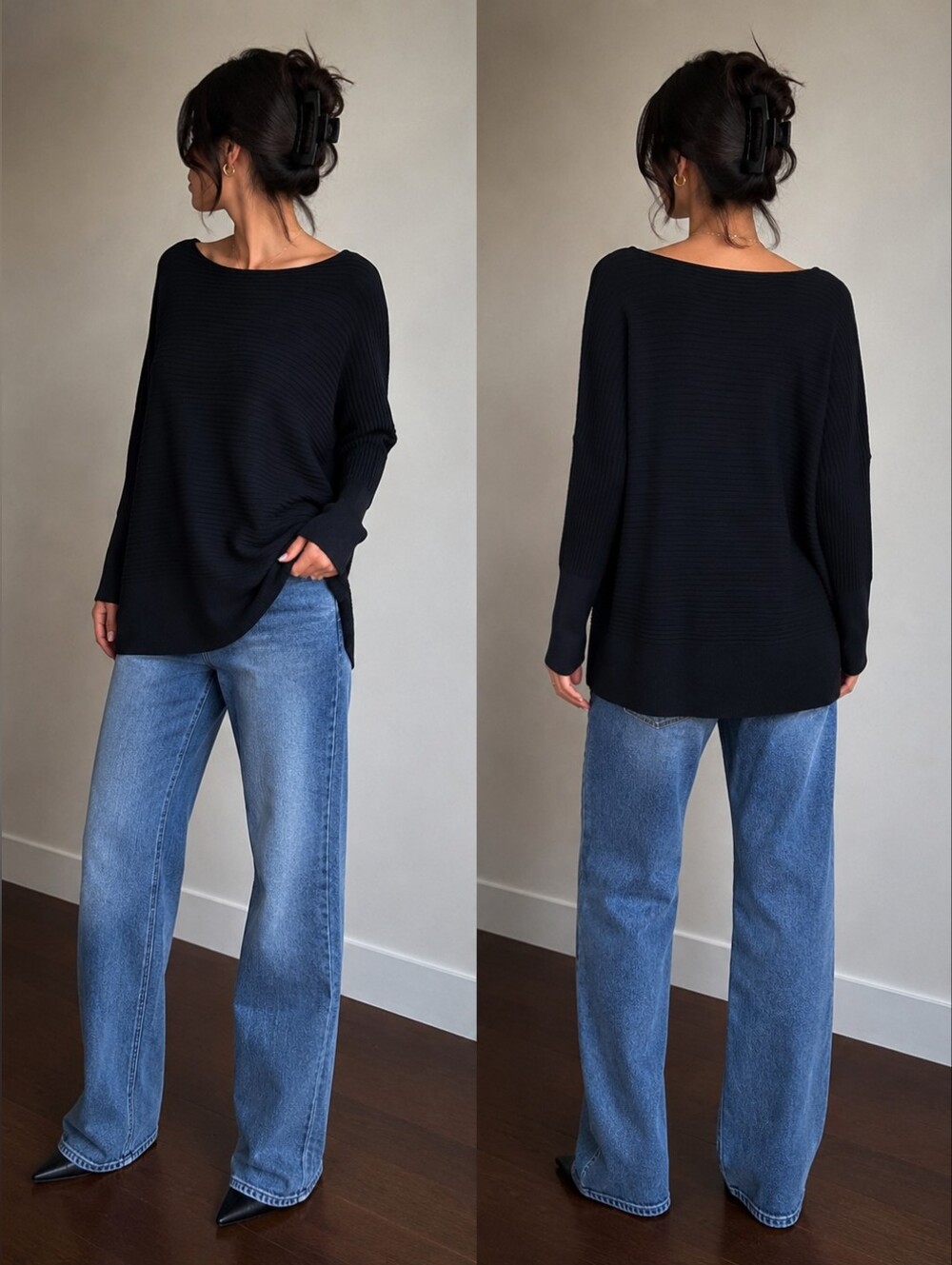 Eileen Fisher Black Ribbed Wool Blend Boxy Sweater Size S Minimalist
